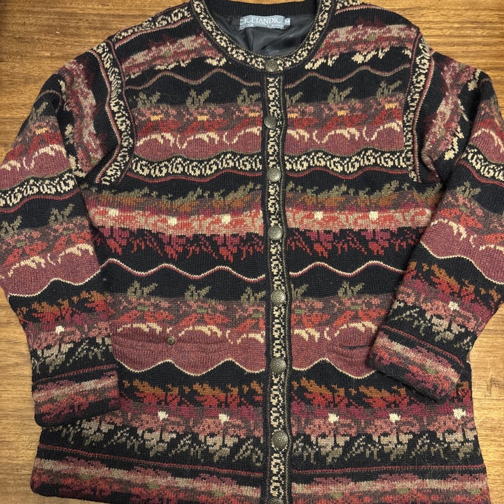 Vtg Icelandic Design Women M Wool Cardigan Sweater Jacket Lined Cottagecore Cozy